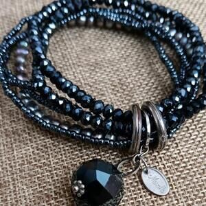 Marcella Multi-strand Stretc Bracelet, Black & Silver, W/ Faceted Dangling Charm